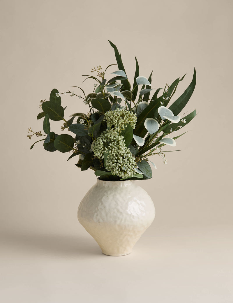 Large artificial eucalyptus arrangement in a ceramic vase, imported from the UK