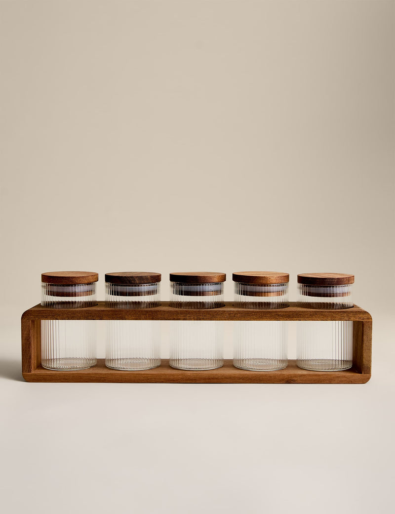 5 ribbed glass spice jars with rack, imported from the UK