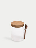 Ribbed glass sugar pot with wooden lid and teaspoon, imported from the UK