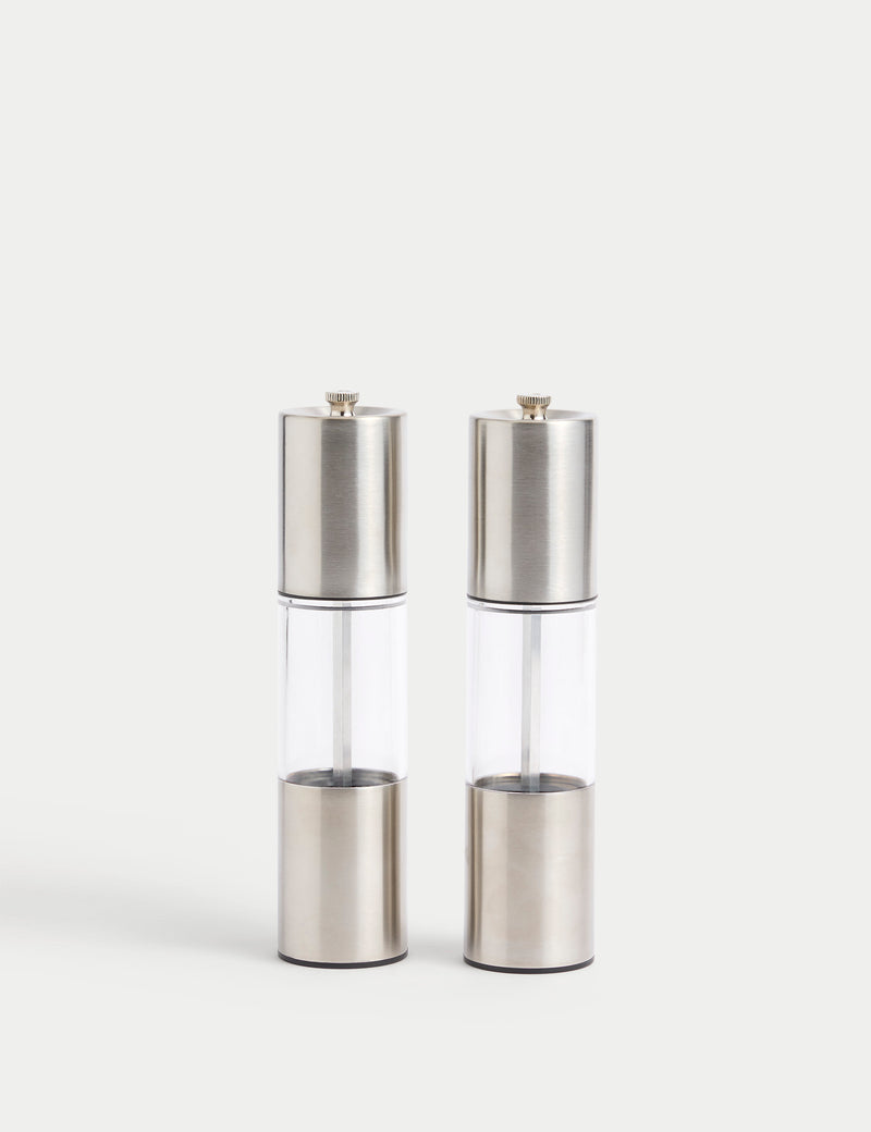 Stainless steel salt and pepper mills (British brand)