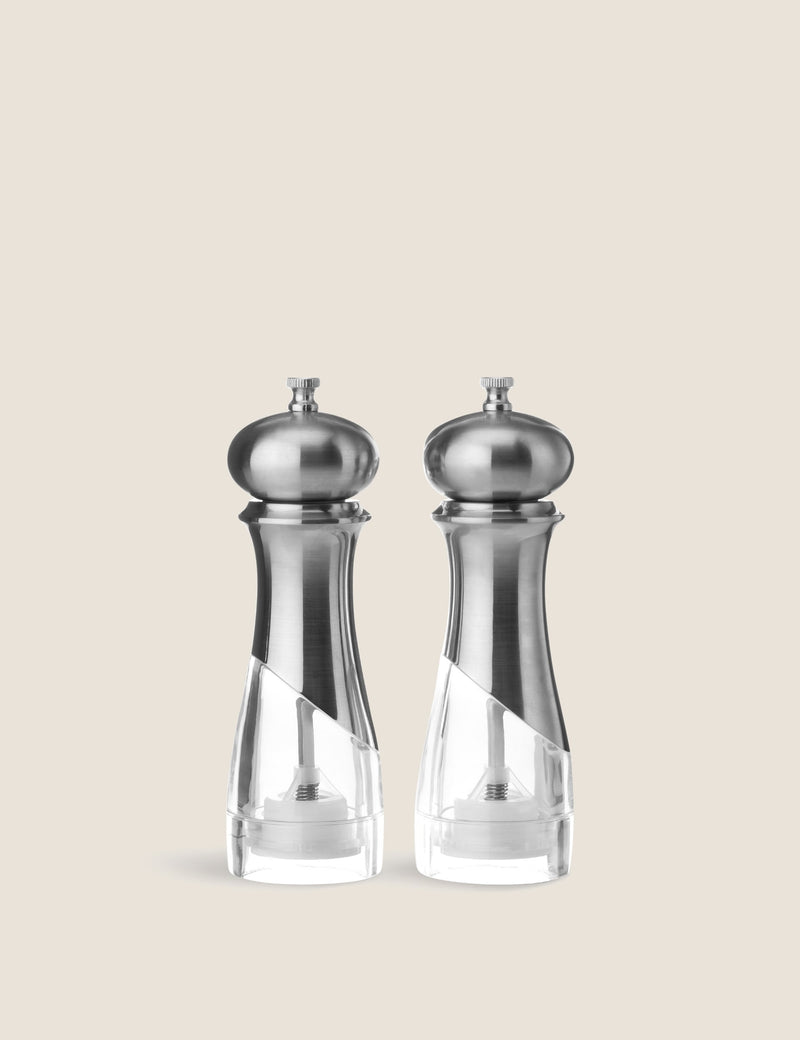New York salt and pepper mills durable plastic clear base, UK version