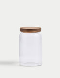 Medium ribbed glass storage jar with wooden lid, 16cm tall, imported from the UK