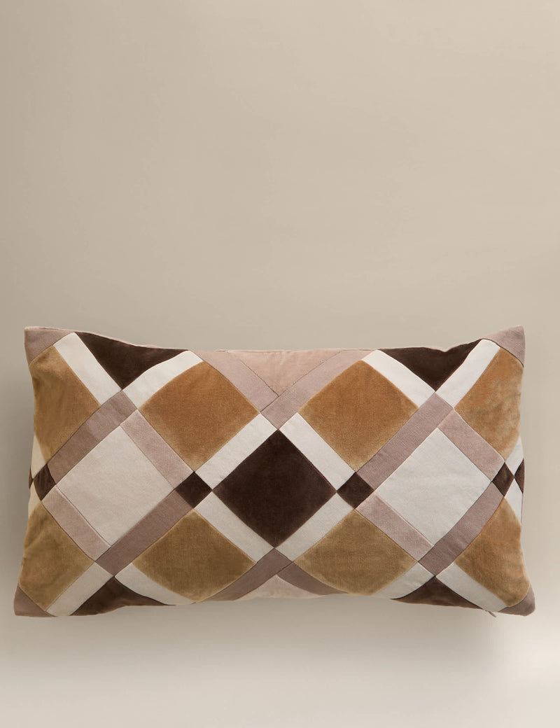 Velvet geometric patchwork bolster cushion 60cm, imported from the UK