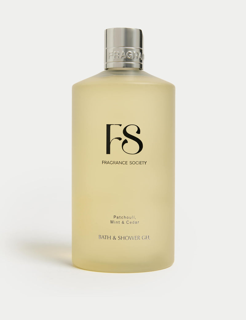 Fragrance Society patchouli, mint & cedar bath & shower gel 500ml, imported from the UK
