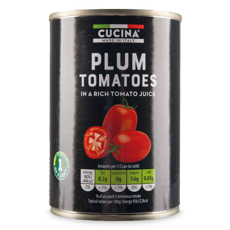 Peeled plum tomatoes in rich tomato juice (British brand)
