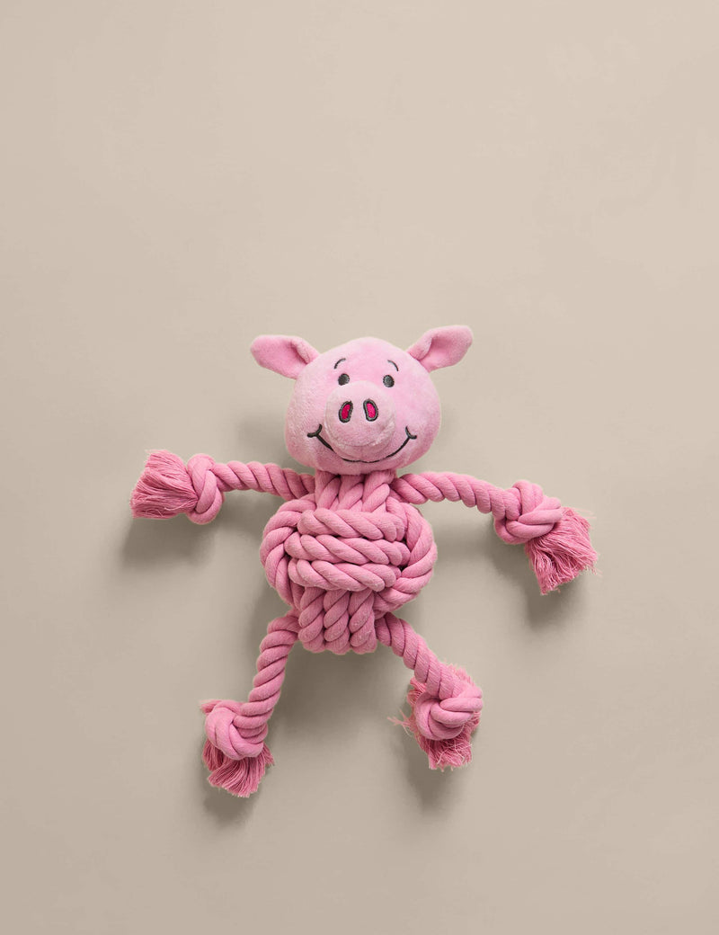Percy Pig pet toy with rope limbs and squeaker - British product