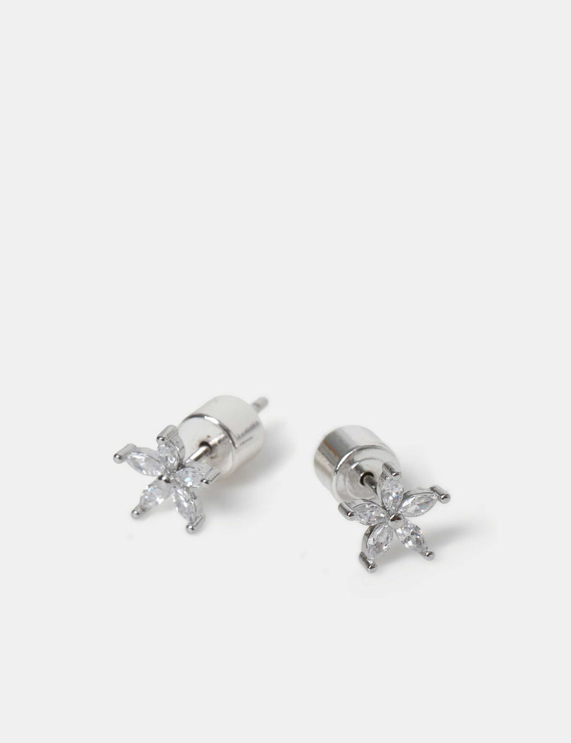 Boucles d'oreilles à tige fleur en zircone cubique et platine, importées du Royaume-Uni