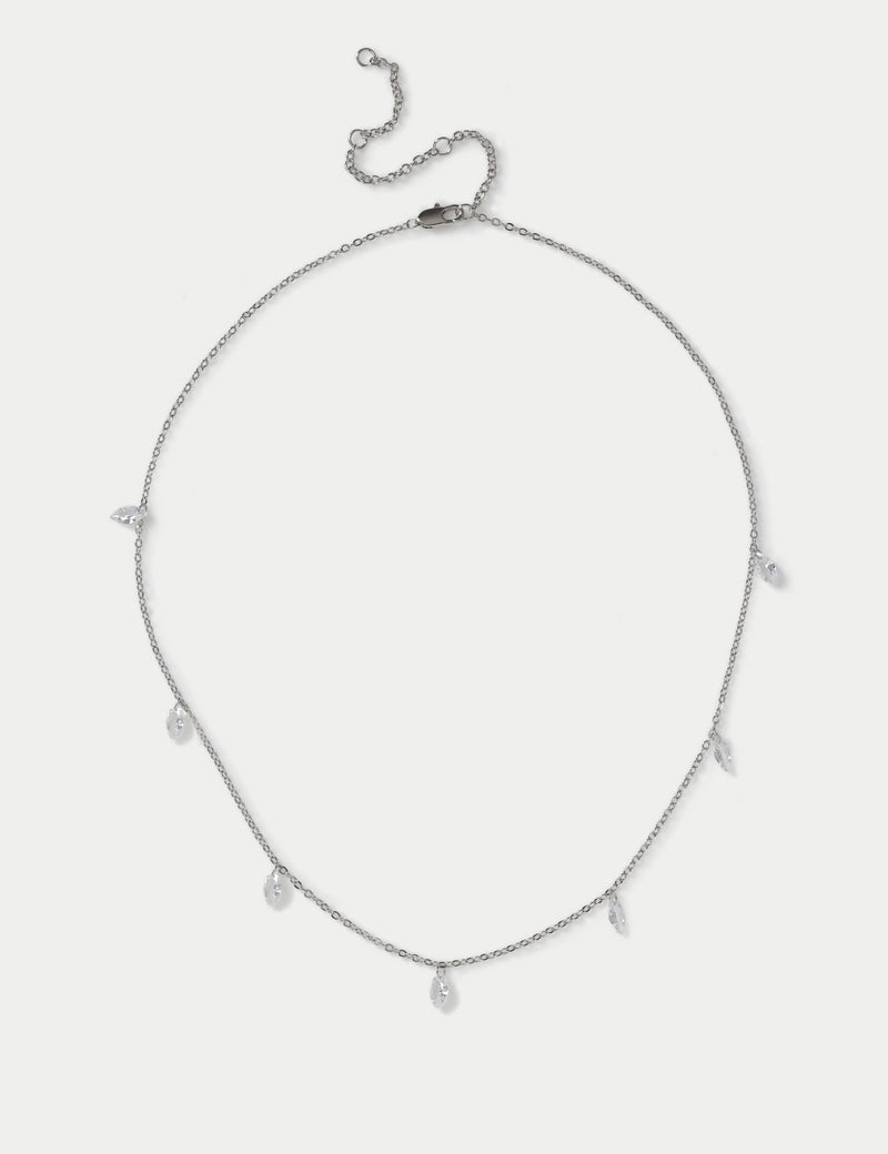 Platinum plated droplet necklace with cubic zirconia, imported from the UK