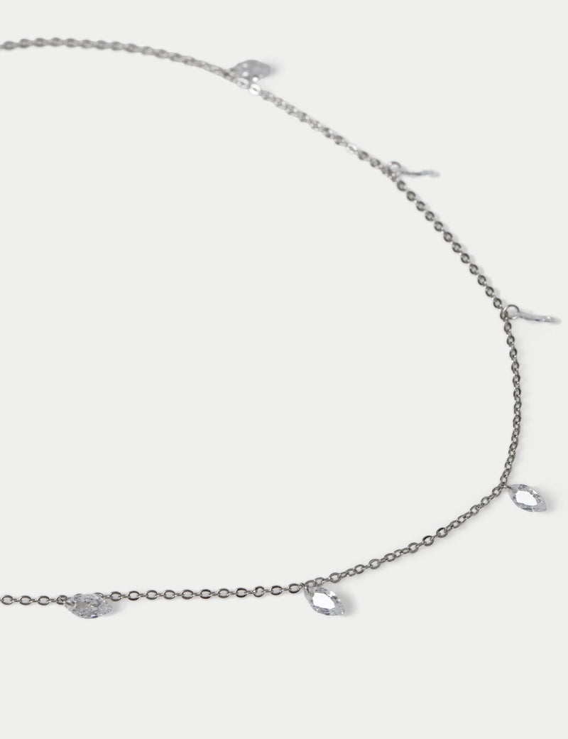 Platinum plated droplet necklace with cubic zirconia, imported from the UK