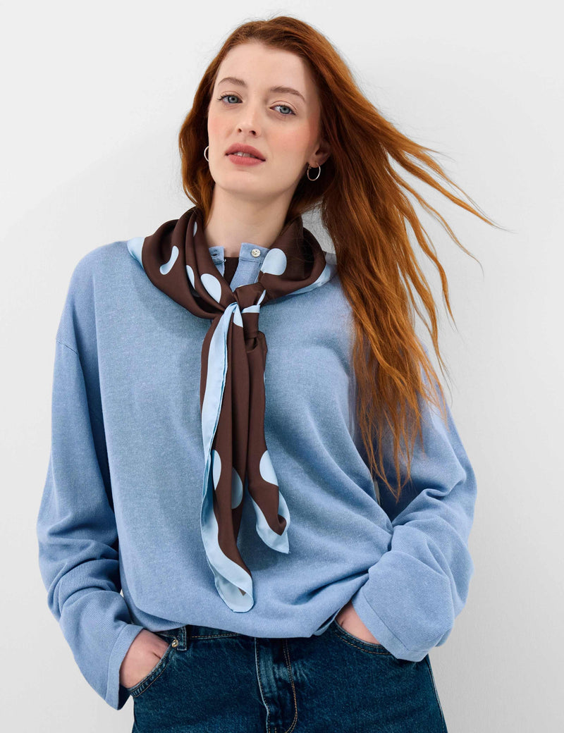 Accessorize polka dot scarf in powder blue with chocolate dots, satin - British product