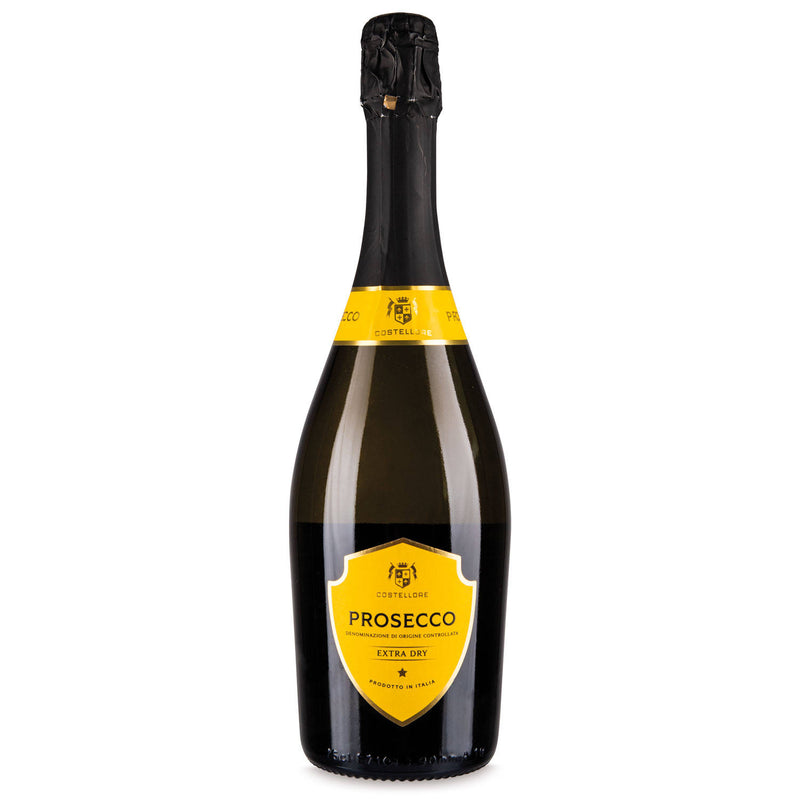Prosecco DOC Extra Dry sparkling wine bottle, imported from the UK