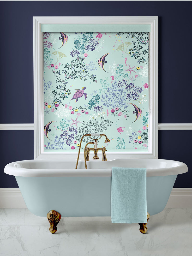 Sara Miller roller blinds with aqua blue underwater marine print (British brand)