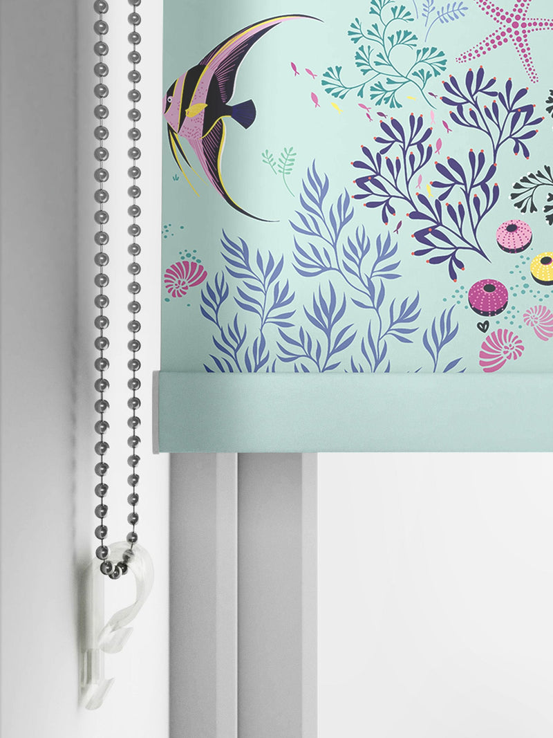 Sara Miller roller blinds with aqua blue underwater marine print (British brand)