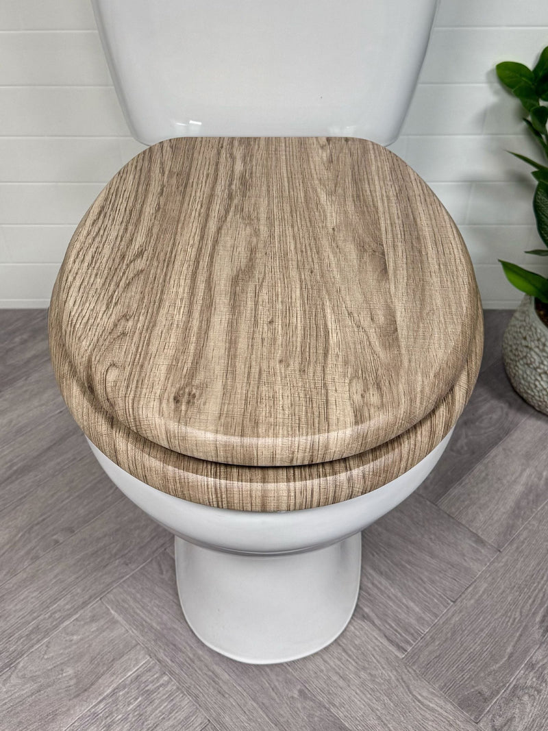 Showerdrape Rust Oak Norfolk soft close toilet seat, imported from the UK