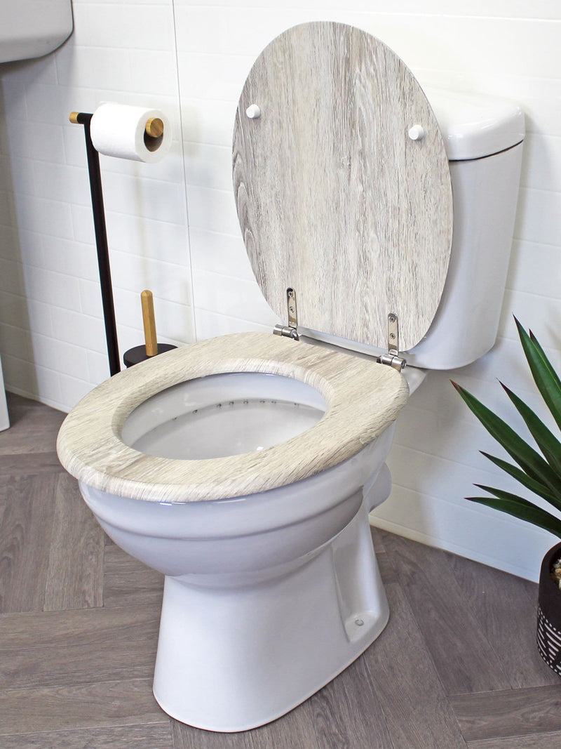 Showerdrape Oxford grey oak wooden toilet seat, imported from the UK