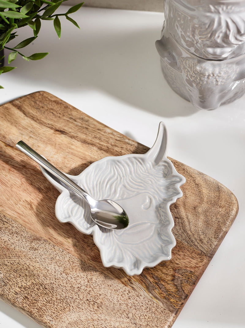 Hamish the Highland Cow ceramic spoon rest in grey, UK version