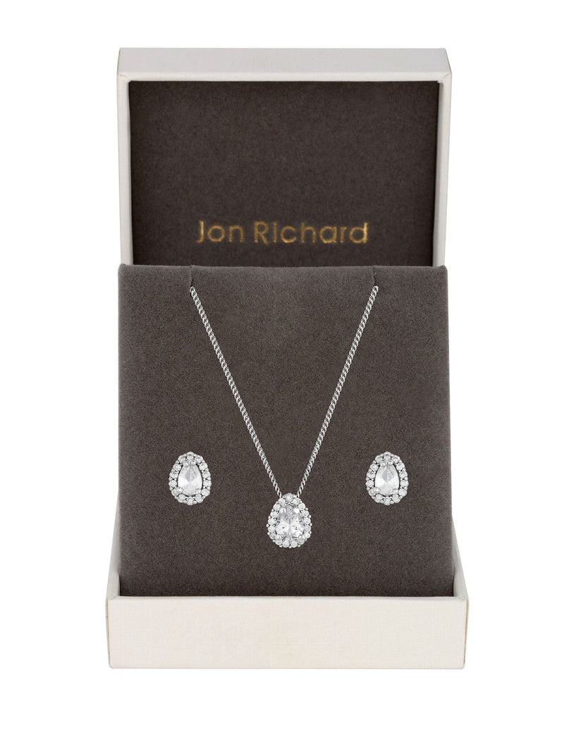 Jon Richard silver cubic zirconia pear stone jewellery set, UK version