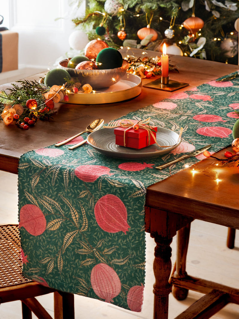 Paoletti Green Pomegranate Christmas table runner 220cm x 35cm, imported from the UK