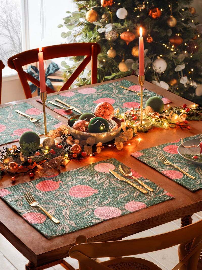 Paoletti green pomegranate Christmas placemats and runner set, imported from the UK