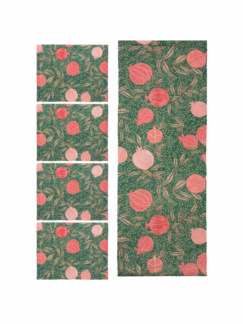 Paoletti green pomegranate Christmas placemats and runner set, imported from the UK