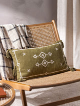 Next Yard Folis Khaki Green Embroidered Feather Filled Cotton Cushion- Buy online at McGrocer