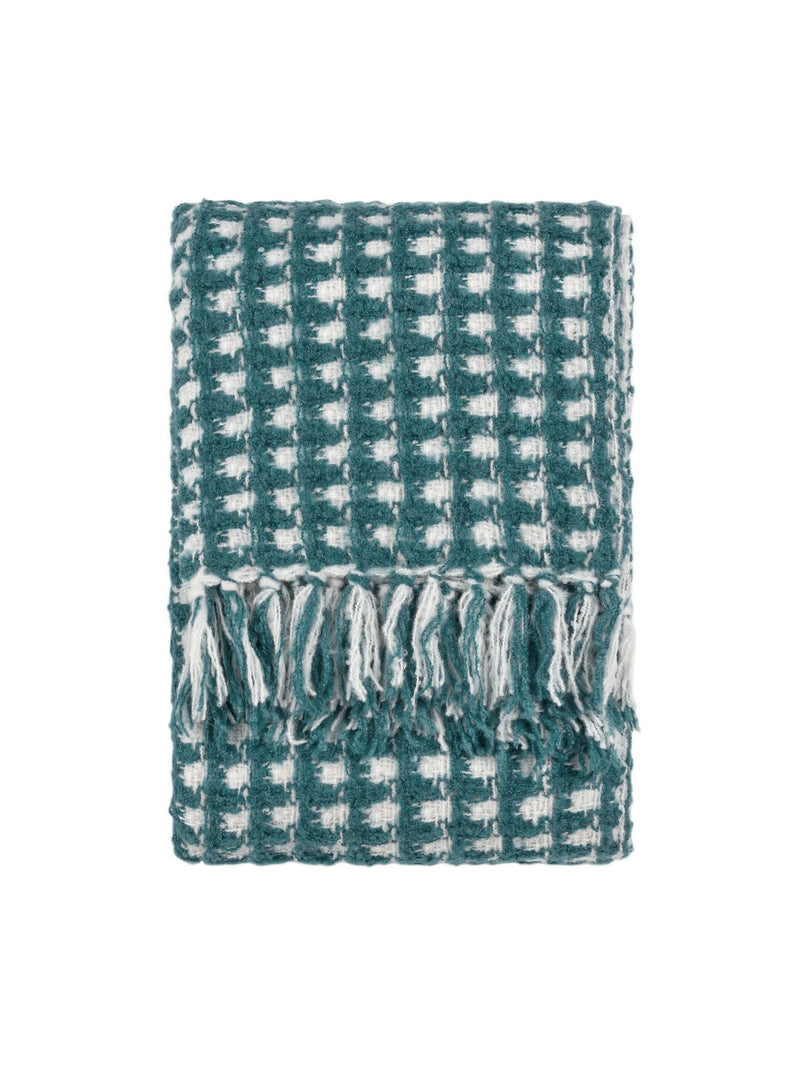 Furn teal blue waffle throw blanket with tassel fringe, imported from the UK