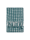 Furn teal blue waffle throw blanket with tassel fringe, imported from the UK