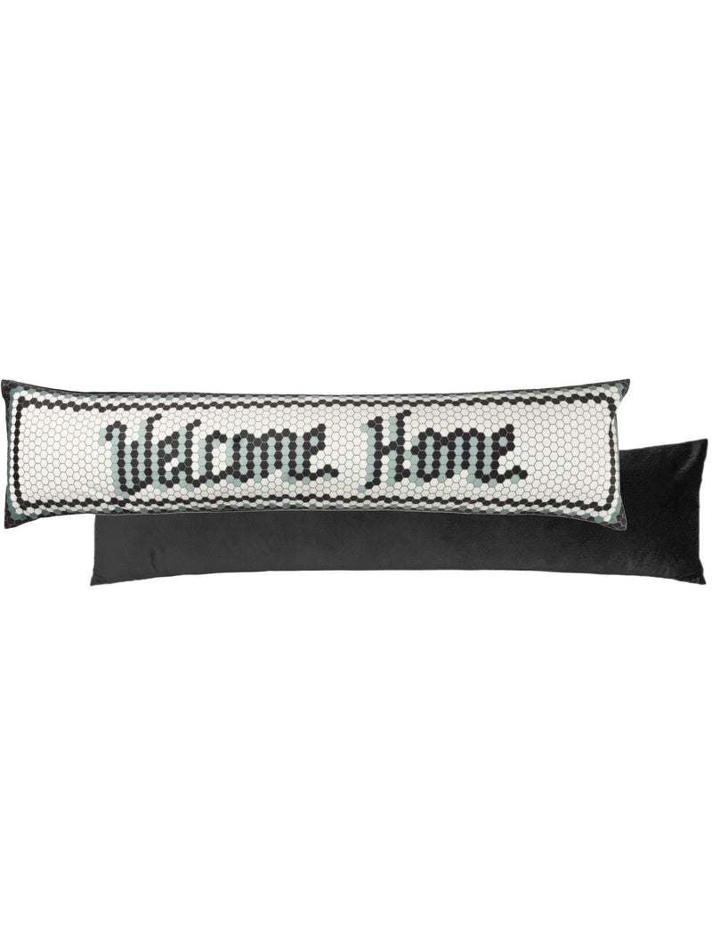 Furn black velvet draught excluder with mosaic welcome design (British brand)