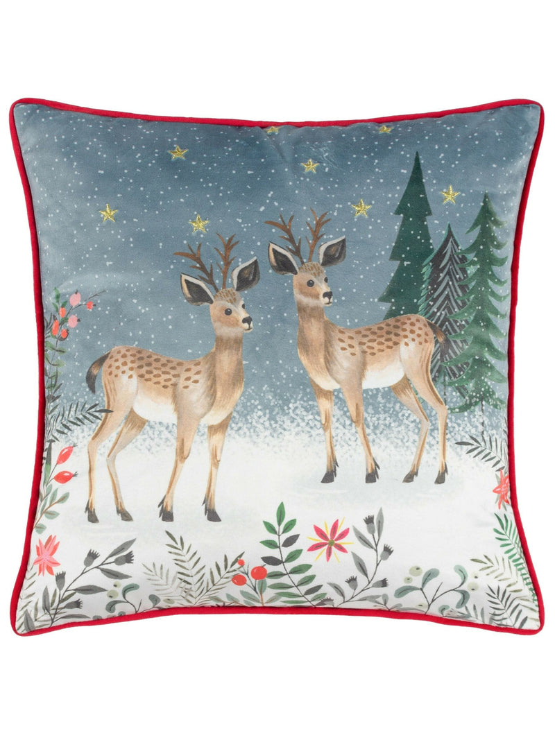 Furn reindeer velvet cushion with festive design, imported from the UK