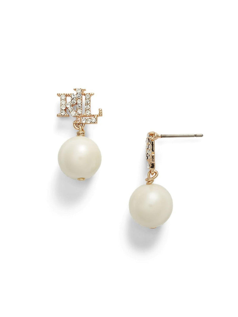 Lauren Ralph Lauren gold tone faux pearl earrings with crystal logo, UK version