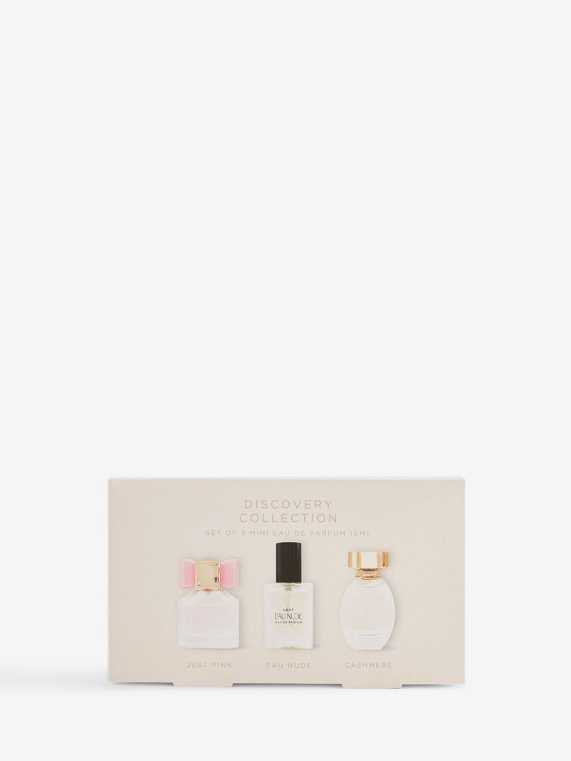 Miniature perfume gift set with Just Pink, Eau Nude, and Cashmere 10ml bottles (British brand)