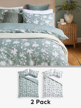2 Pack Green/White Floral Reversible Duvet Cover and Pillowcase Set