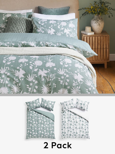 Next 2 Pack Green/White Floral Reversible Duvet Cover and Pillowcase Set- Buy online at McGrocer