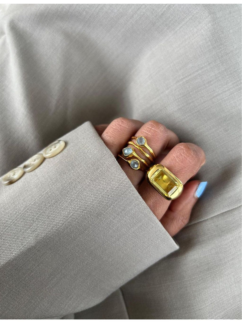 Monica Vinader Siren aquamarine cocktail ring, gold-plated vermeil, imported from the UK