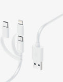 3-in-1 charging cable with USB-C, Lightning, and Micro-USB, imported from the UK