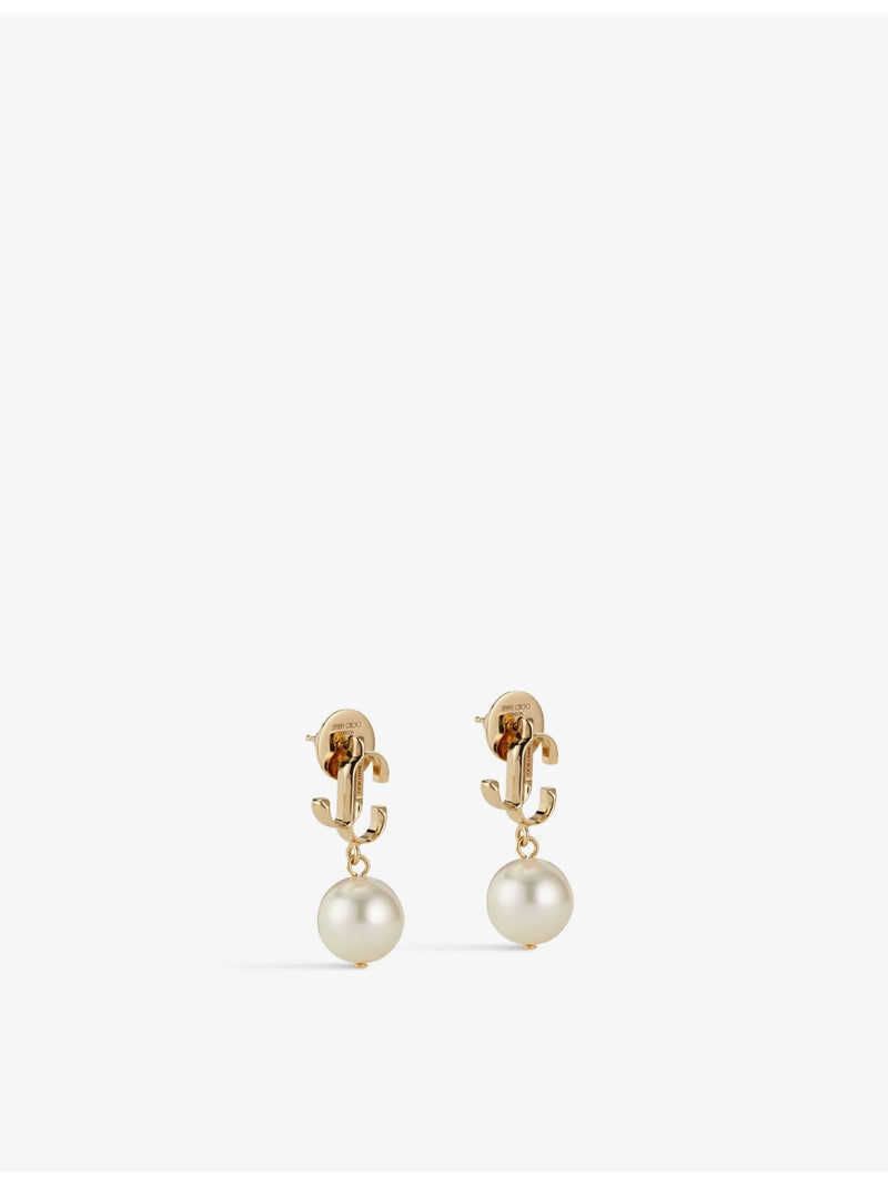 Jimmy Choo gold-toned brass pearl earrings with JC logo (British brand)