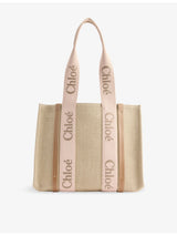 selfridges Chloé Woody Medium Linen and Leather Tote Bag- Buy online at McGrocer