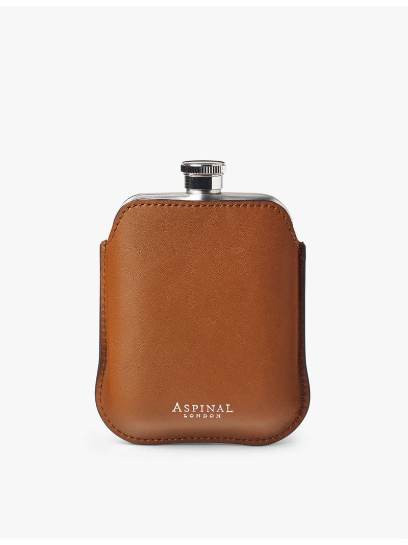 Aspinal of London stainless-steel hip flask and leather pouch, UK version