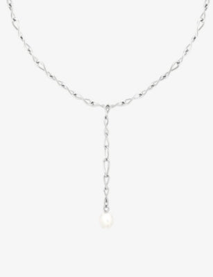 Astrid & Miyu rhodium-plated sterling-silver freshwater-pearl lariat necklace 50cm - British product