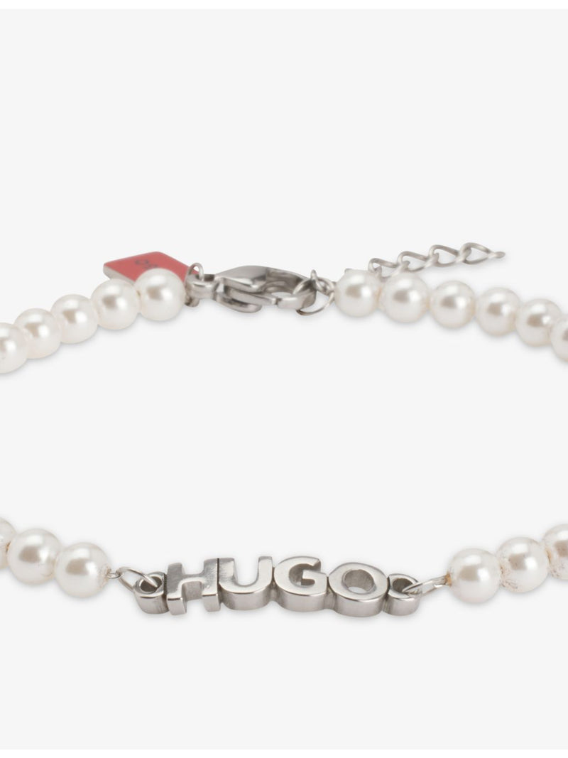 HUGO stainless steel pearl bracelet with logo plaque (British brand)