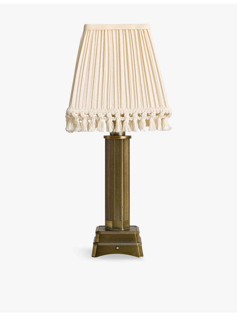 Soho style portable brass lamp with linen shade (British brand)