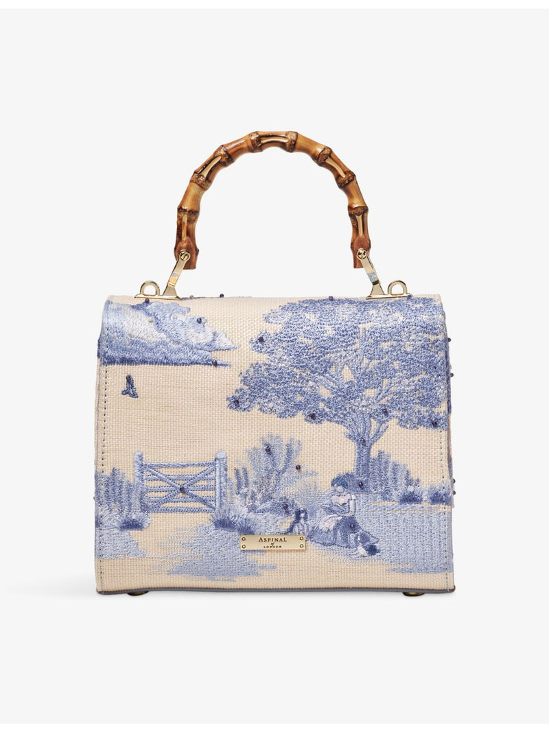Aspinal of London Mayfair embroidered raffia mini bag, imported from the UK
