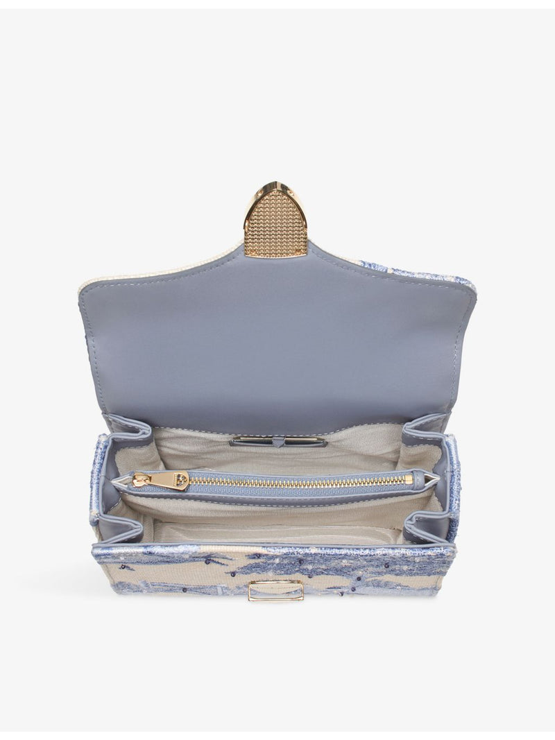 Aspinal of London Mayfair embroidered raffia mini bag, imported from the UK