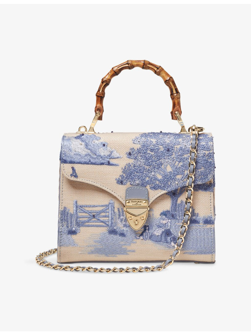 Aspinal of London Mayfair embroidered raffia mini bag, imported from the UK