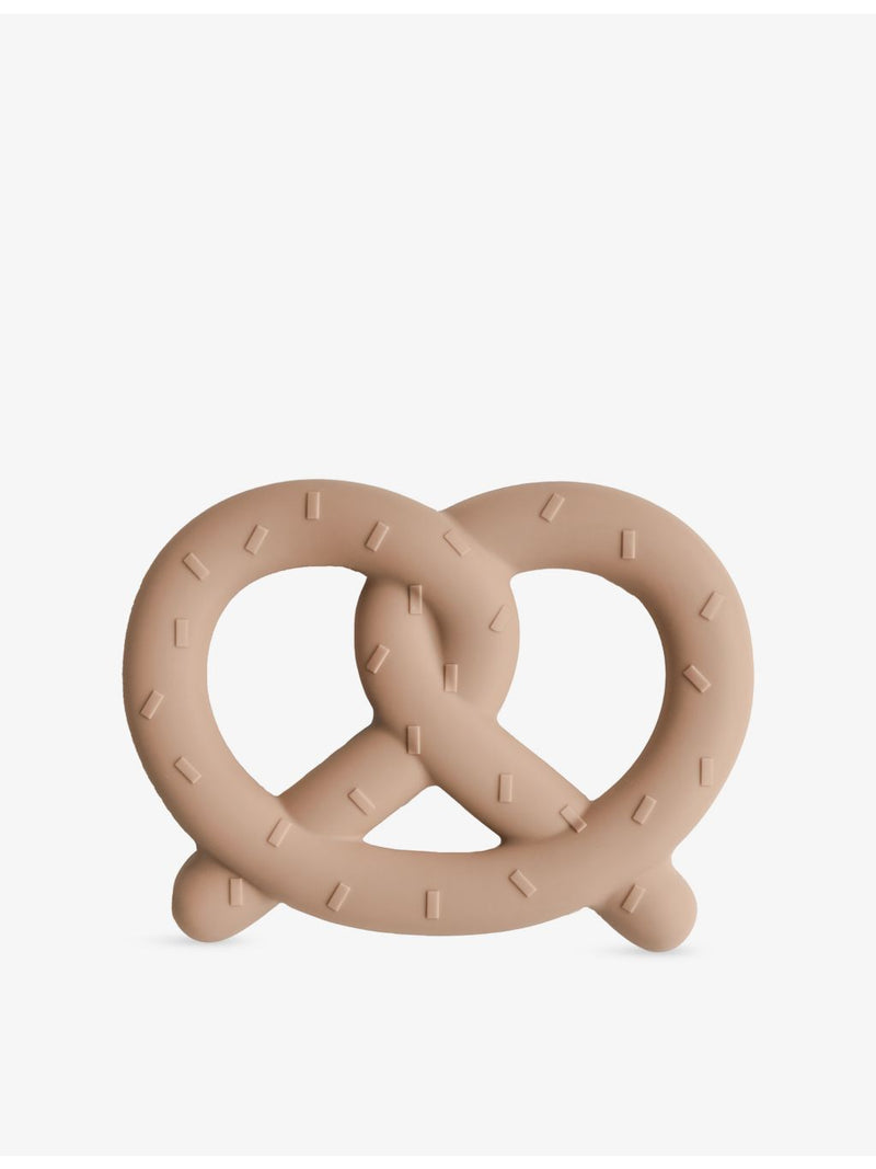 Mushie pretzel silicone teether with textured design, UK version