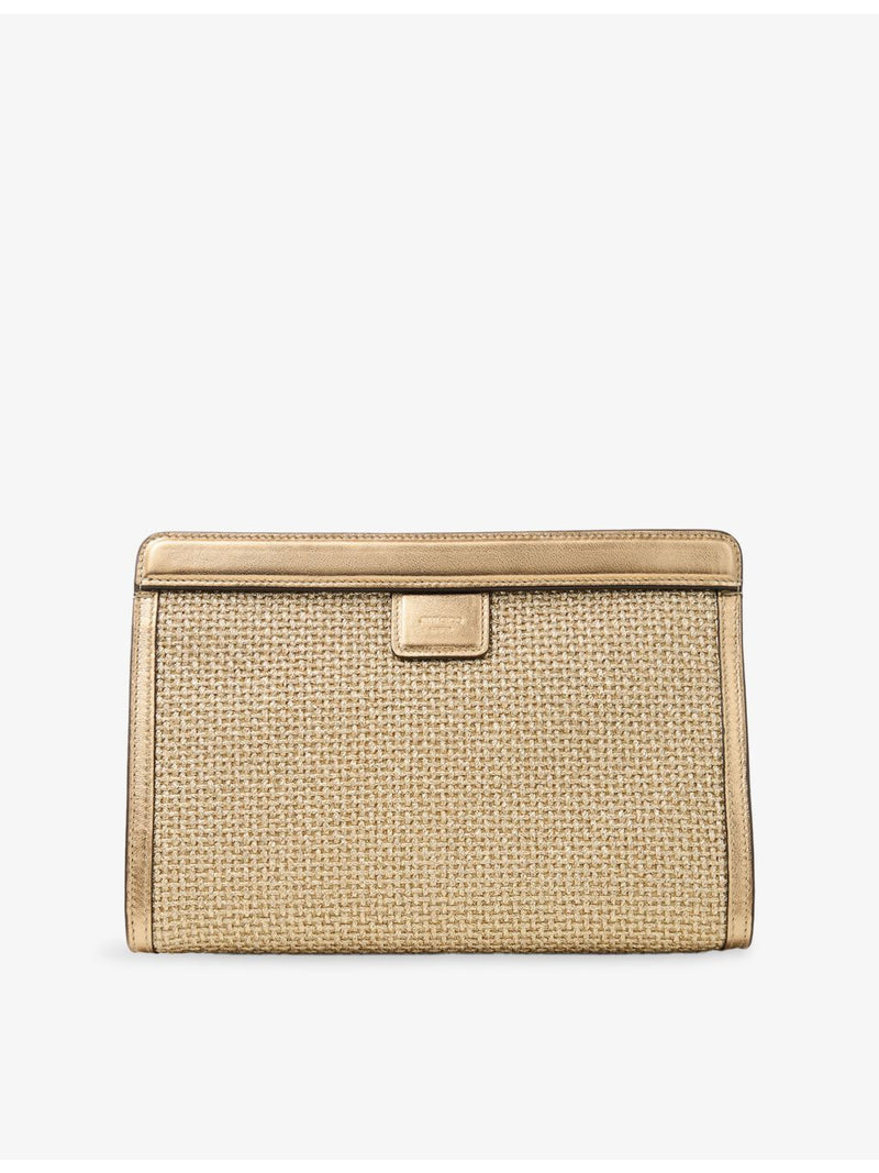 Jimmy Choo embroidered-logo raffia pouch with leather trims, imported from the UK