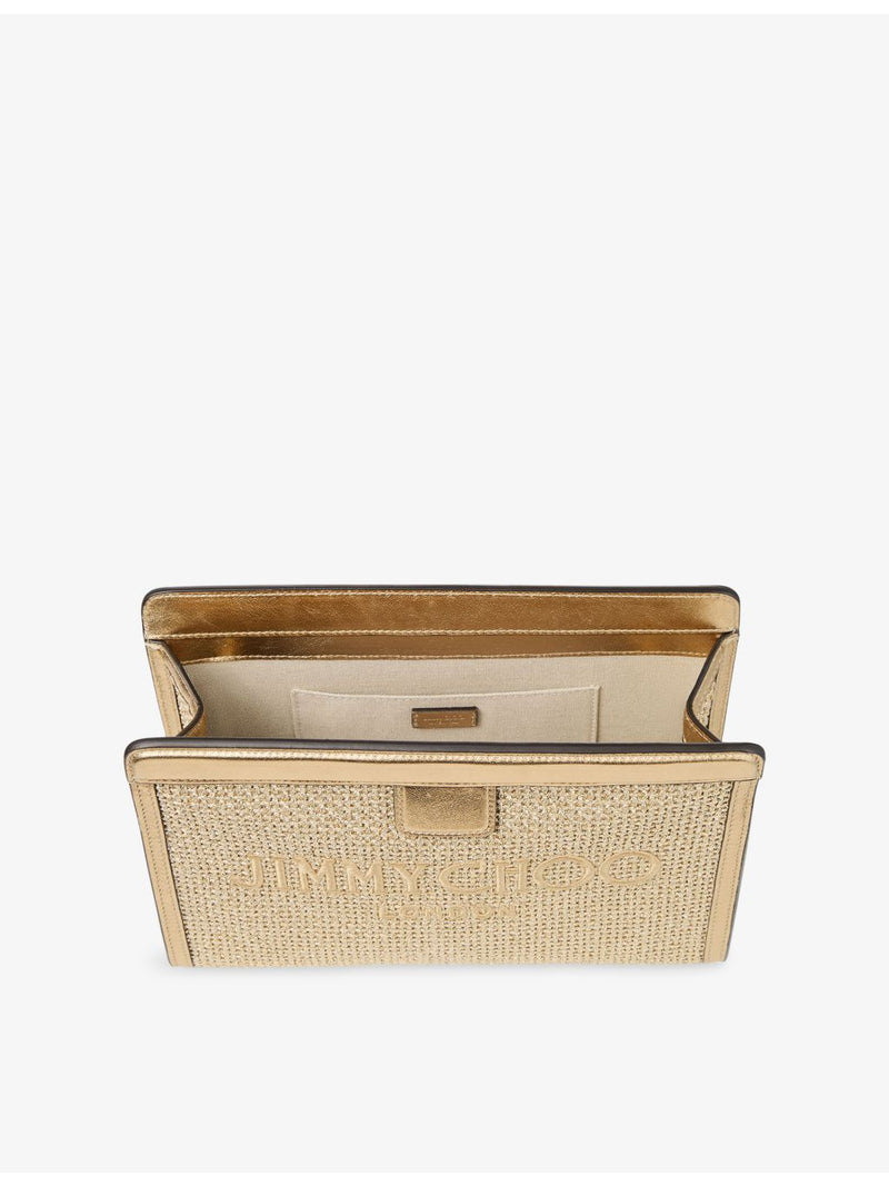 Jimmy Choo embroidered-logo raffia pouch with leather trims, imported from the UK