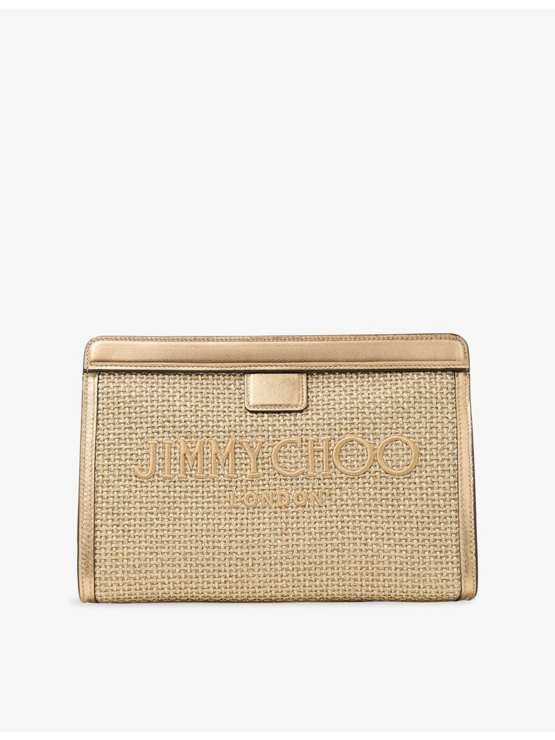 Jimmy Choo embroidered-logo raffia pouch with leather trims, imported from the UK