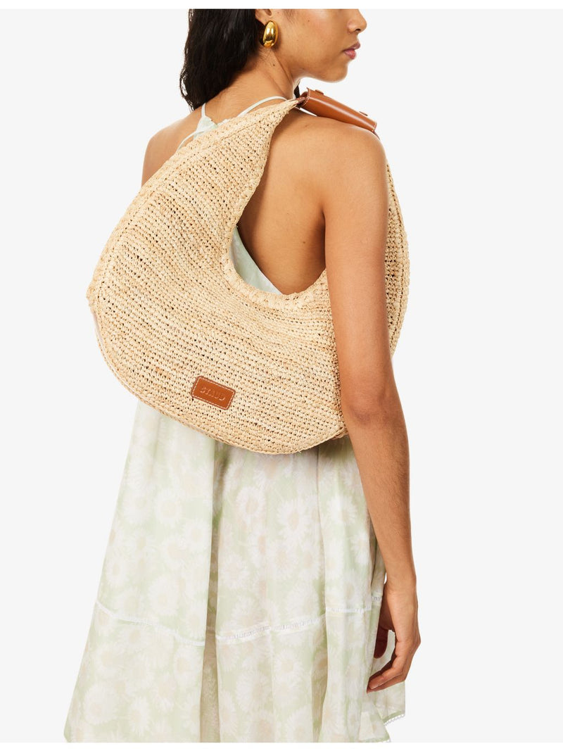 STAUD Moon raffia tote bag with leather trim - British product