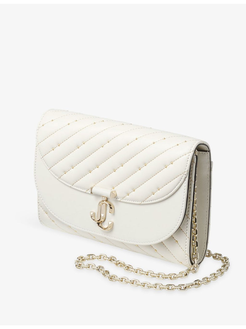 Jimmy Choo curved quilted leather clutch bag with chain strap, UK version